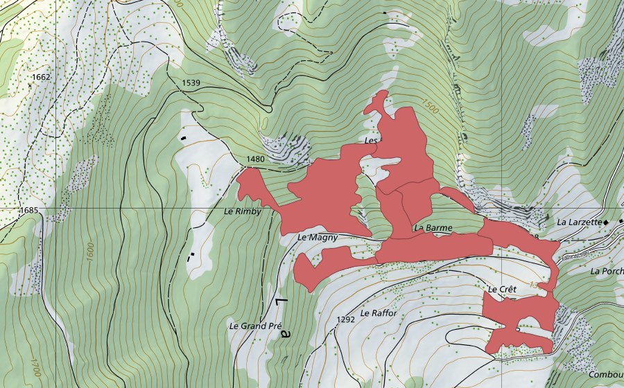 swisstopo national map showing the protected perimeter of Les Evouettes (Dry meadow)