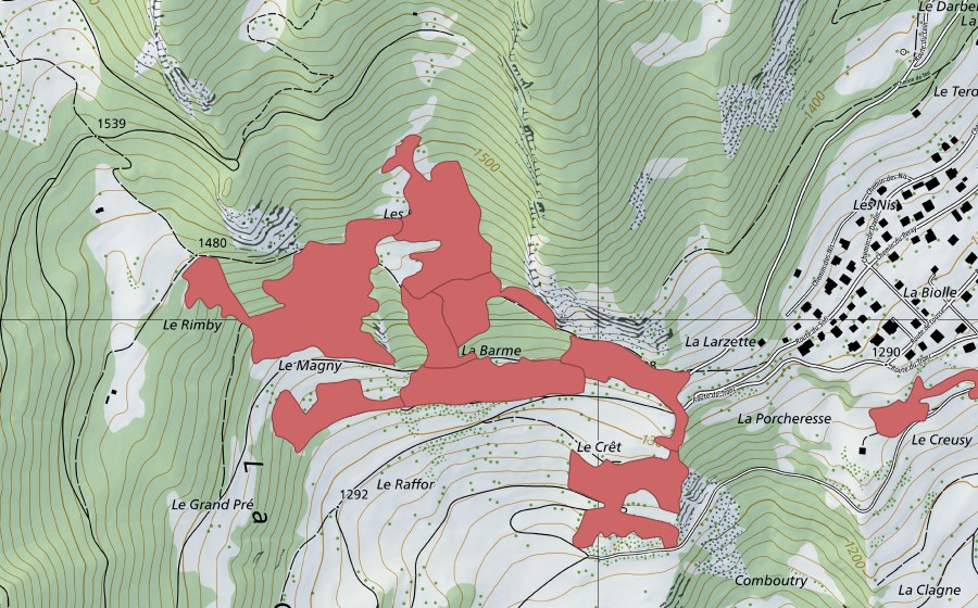 Carte nationale swisstopo avec le périmètre protégé de Les Evouettes (Prairie sèche)
