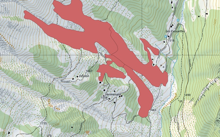Carte nationale swisstopo avec le périmètre protégé de Les Evouettes (Prairie sèche)