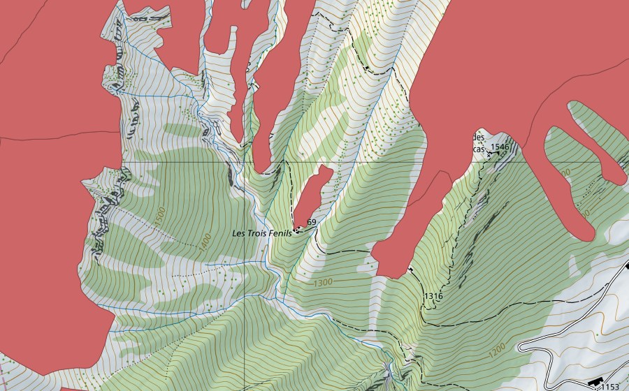 Landeskarte swisstopo mit dem Schutzperimeter von Les Fenils (Trockenwiese)