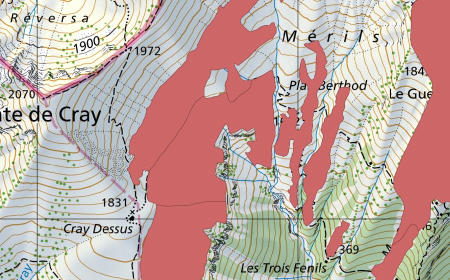 Carte nationale swisstopo avec le périmètre protégé de Les Fenils (Prairie sèche)