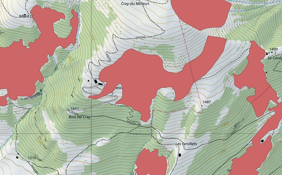 Landeskarte swisstopo mit dem Schutzperimeter von Les Fenils (Trockenwiese)