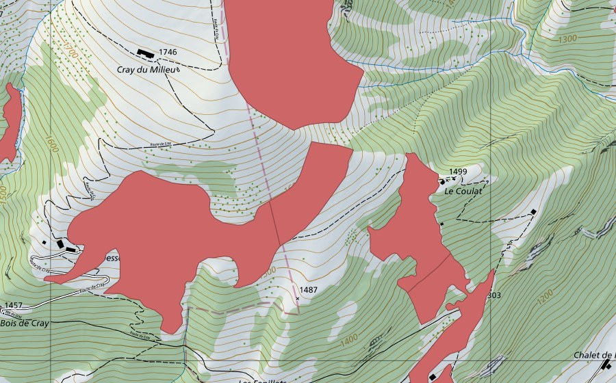 swisstopo national map showing the protected perimeter of Les Fenils (Dry meadow)