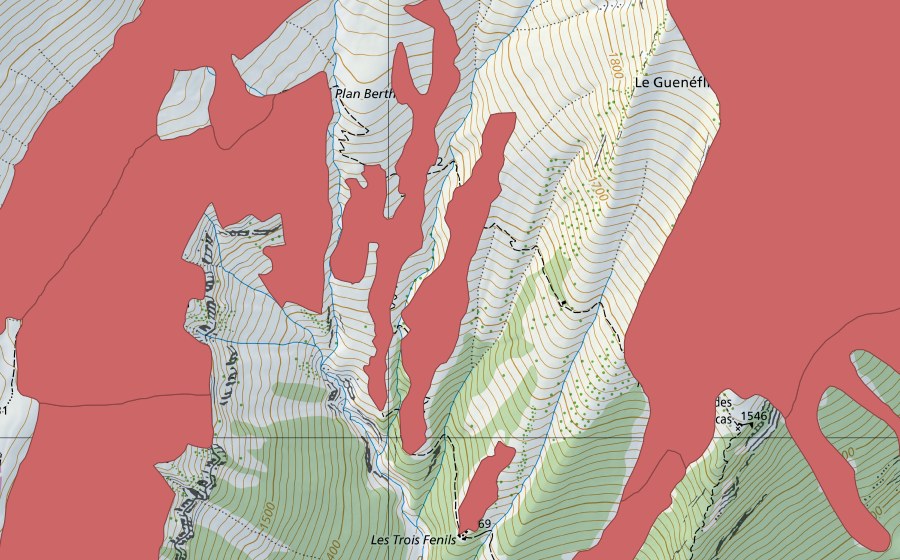 swisstopo national map showing the protected perimeter of Les Fenils (Dry meadow)