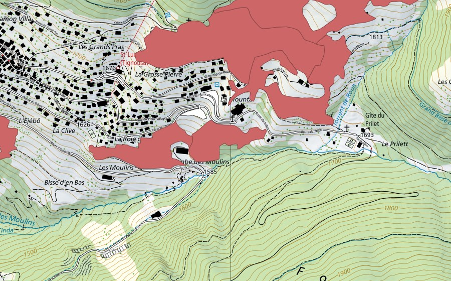swisstopo national map showing the protected perimeter of Les Fénis (Dry meadow)