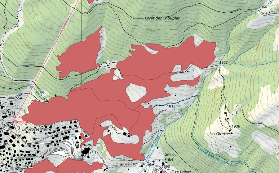 swisstopo national map showing the protected perimeter of Les Fénis (Dry meadow)