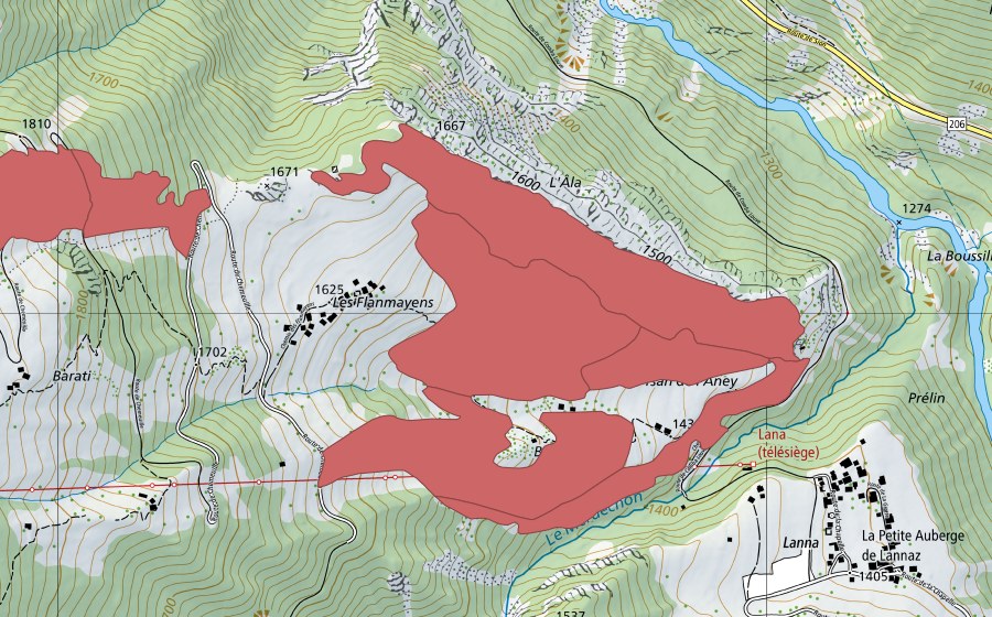 Landeskarte swisstopo mit dem Schutzperimeter von Les Flanmayens (Trockenwiese)