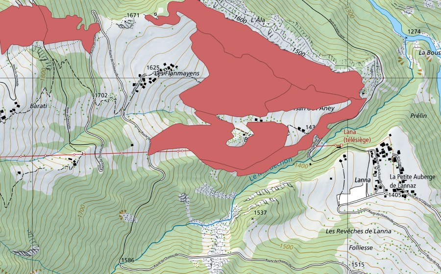 swisstopo national map showing the protected perimeter of Les Flanmayens (Dry meadow)