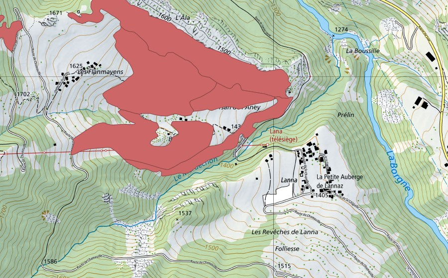 swisstopo national map showing the protected perimeter of Les Flanmayens (Dry meadow)
