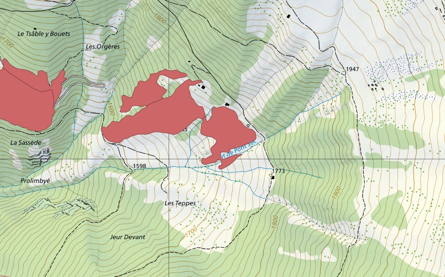Landeskarte swisstopo mit dem Schutzperimeter von Les Foillêts (Trockenwiese)