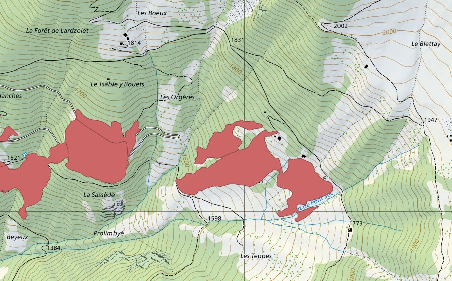 Carte nationale swisstopo avec le périmètre protégé de Les Foillêts (Prairie sèche)