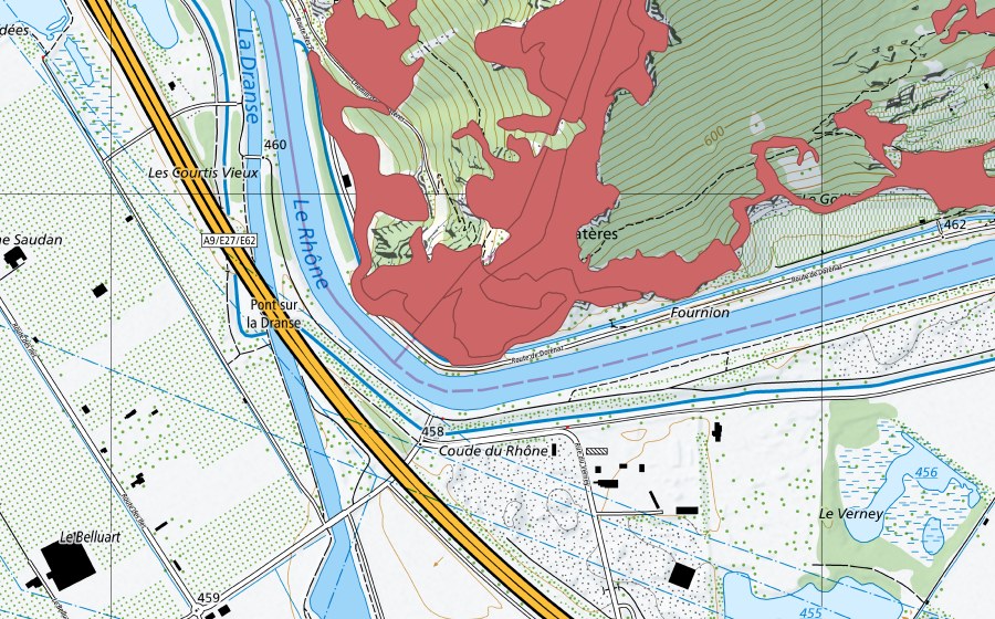 swisstopo national map showing the protected perimeter of Les Follatères (Dry meadow)