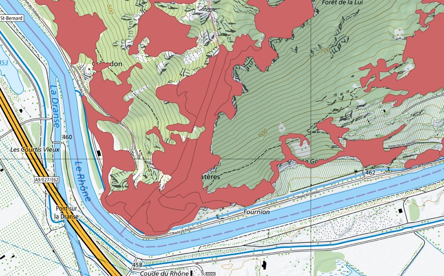 Landeskarte swisstopo mit dem Schutzperimeter von Les Follatères (Trockenwiese)