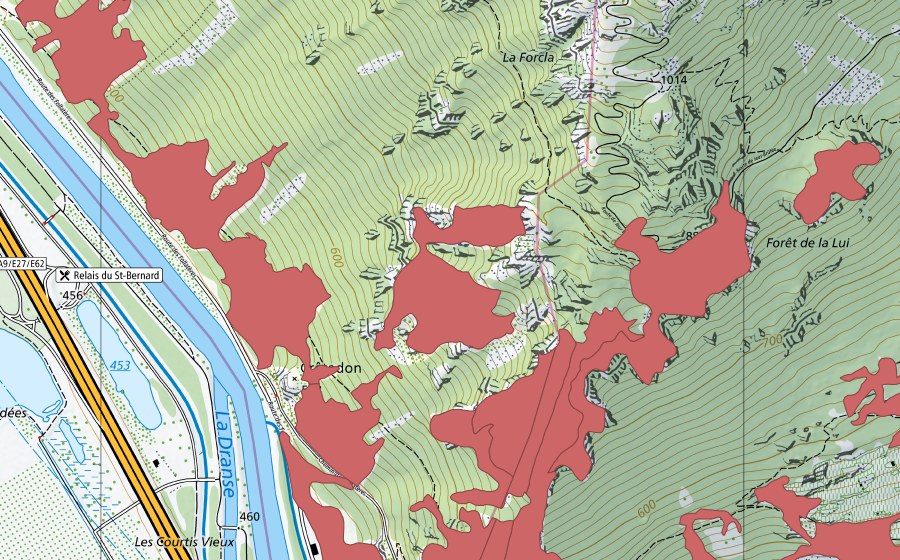 Carte nationale swisstopo avec le périmètre protégé de Les Follatères (Prairie sèche)