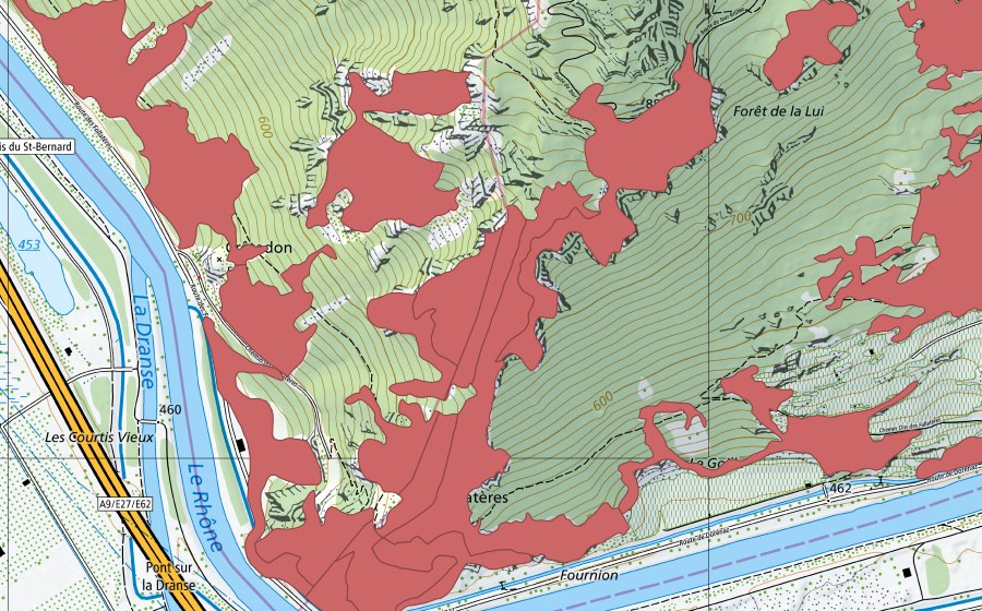 swisstopo national map showing the protected perimeter of Les Follatères (Dry meadow)