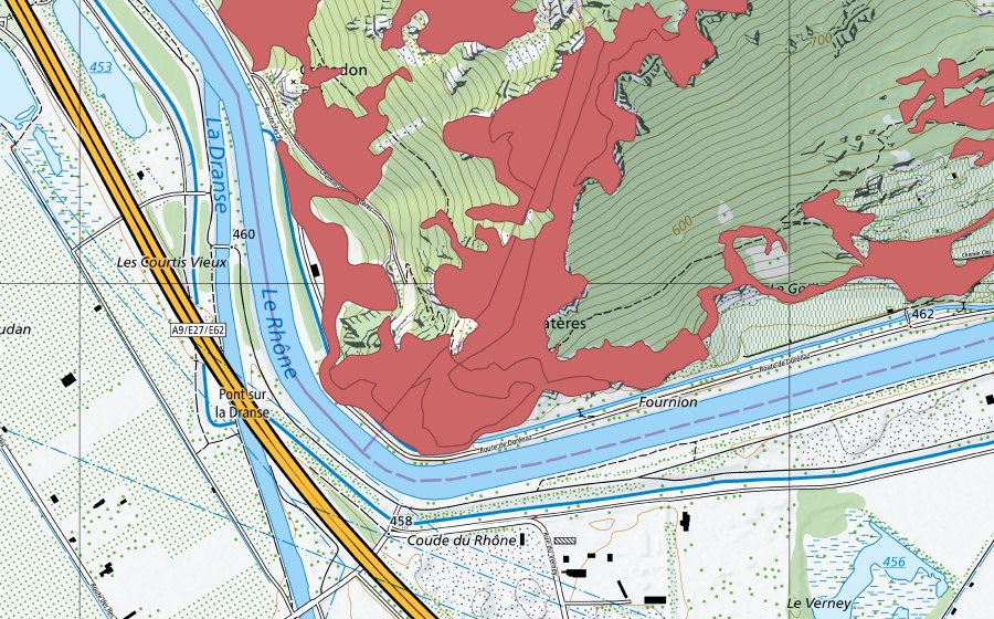 Carte nationale swisstopo avec le périmètre protégé de Les Follatères (Prairie sèche)