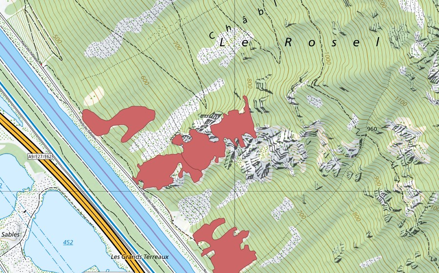 swisstopo national map showing the protected perimeter of Les Follatères (Dry meadow)