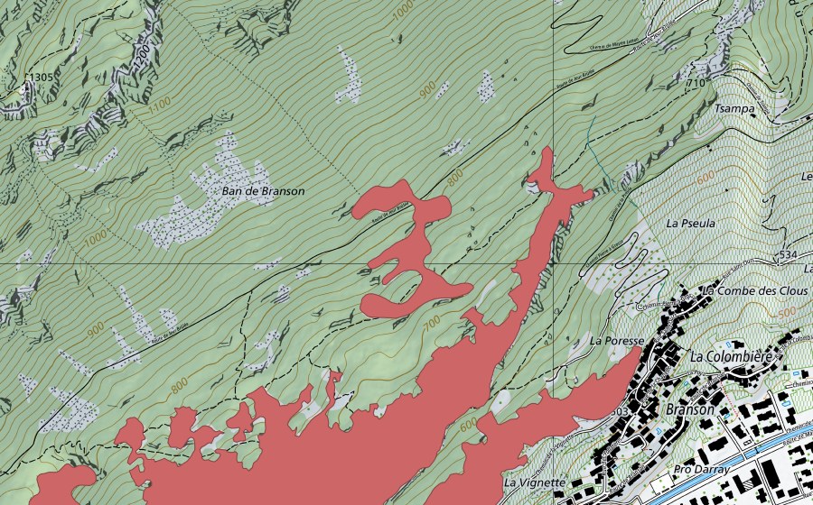 swisstopo national map showing the protected perimeter of Les Follatères (Dry meadow)