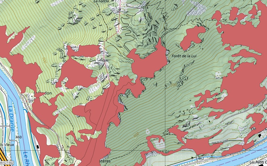 swisstopo national map showing the protected perimeter of Les Follatères (Dry meadow)