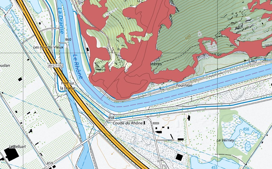 swisstopo national map showing the protected perimeter of Les Follatères (Dry meadow)