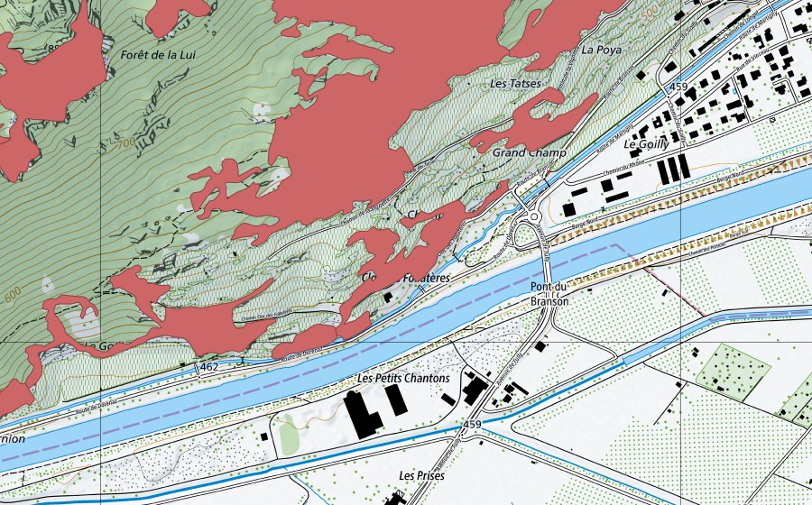 swisstopo national map showing the protected perimeter of Les Follatères (Dry meadow)