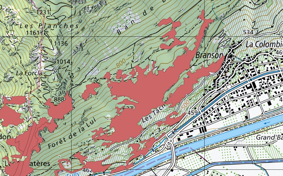 swisstopo national map showing the protected perimeter of Les Follatères (Dry meadow)