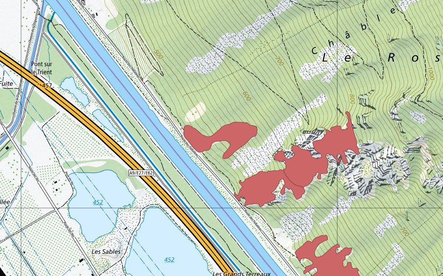 Carte nationale swisstopo avec le périmètre protégé de Les Follatères (Prairie sèche)
