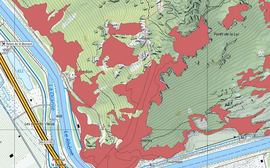 Landeskarte swisstopo mit dem Schutzperimeter von Les Follatères (Trockenwiese)