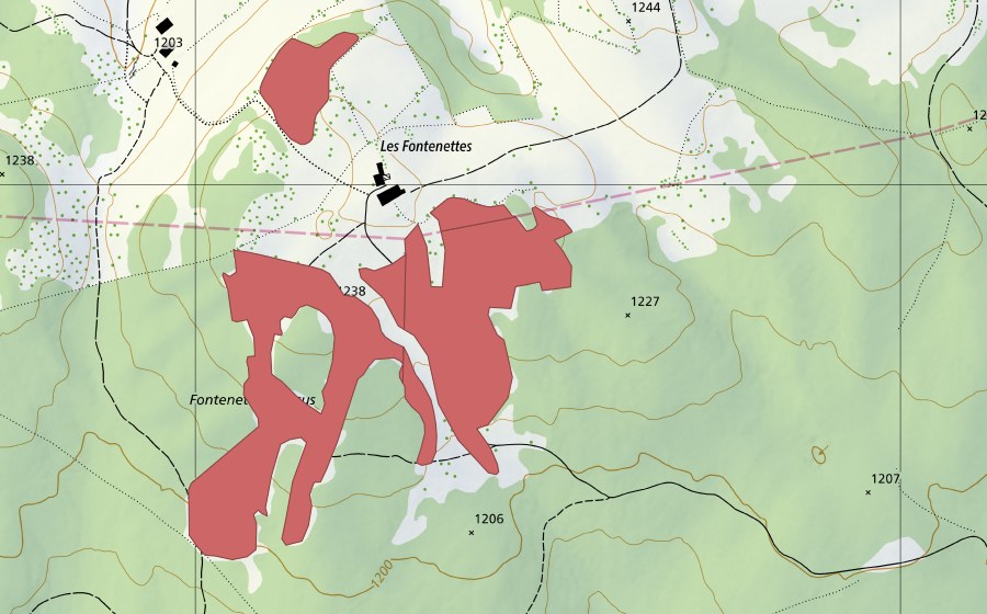 Carte nationale swisstopo avec le périmètre protégé de Les Fontenettes Dessus (Prairie sèche)
