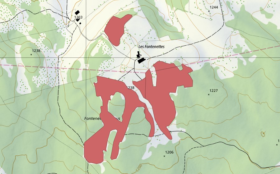 swisstopo national map showing the protected perimeter of Les Fontenettes Dessus (Dry meadow)