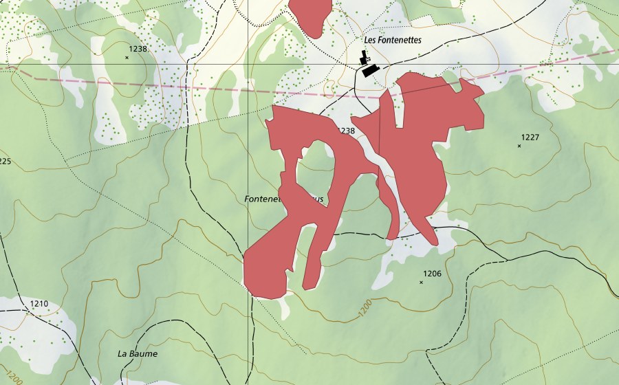 swisstopo national map showing the protected perimeter of Les Fontenettes Dessus (Dry meadow)