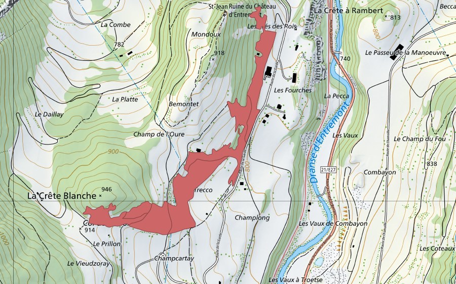 Carte nationale swisstopo avec le périmètre protégé de Les Fourches (Prairie sèche)
