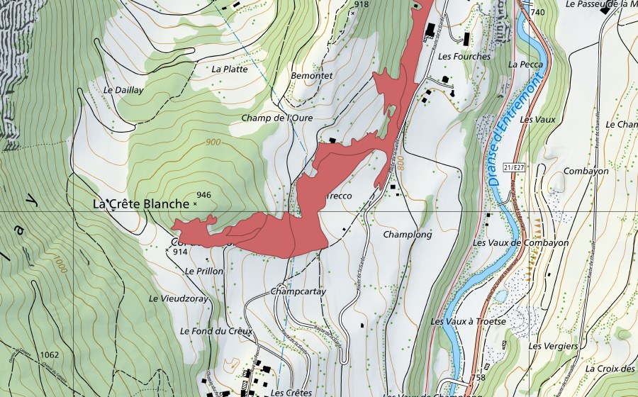 Carte nationale swisstopo avec le périmètre protégé de Les Fourches (Prairie sèche)