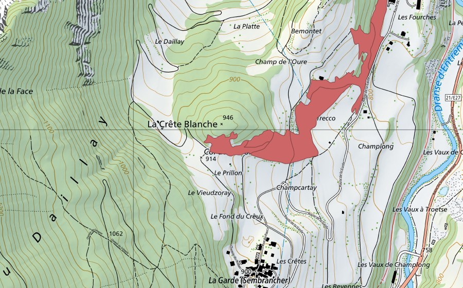 swisstopo national map showing the protected perimeter of Les Fourches (Dry meadow)