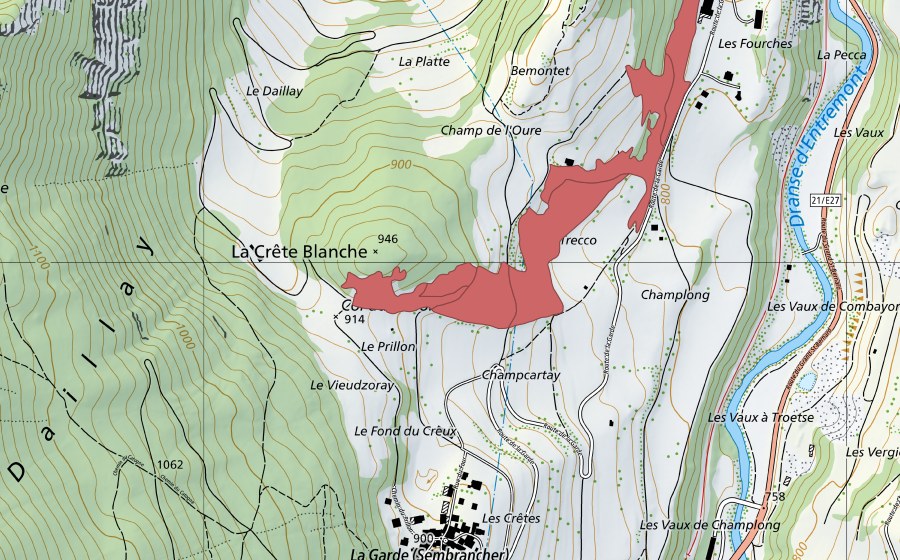 Landeskarte swisstopo mit dem Schutzperimeter von Les Fourches (Trockenwiese)