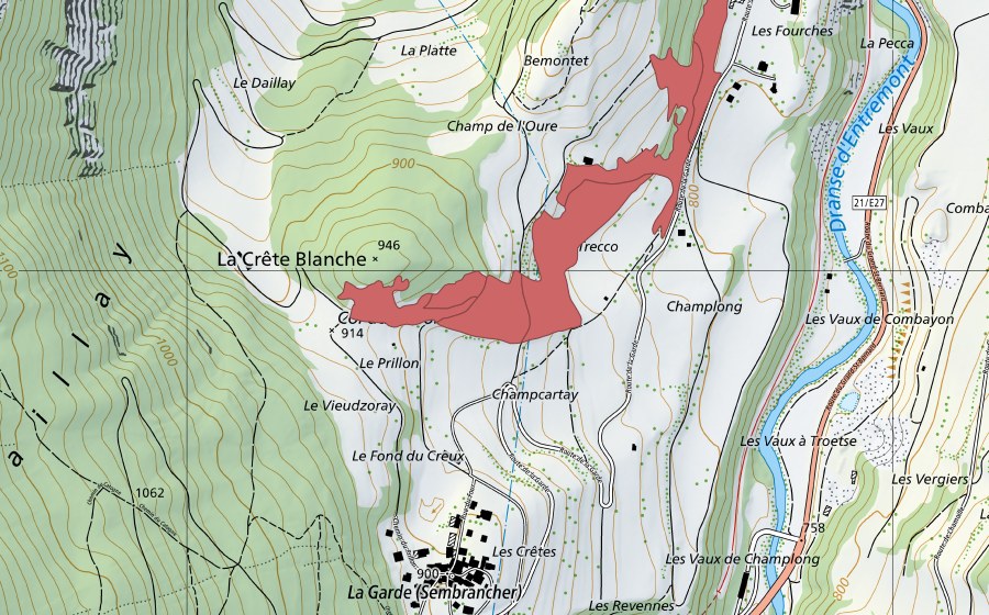 Landeskarte swisstopo mit dem Schutzperimeter von Les Fourches (Trockenwiese)