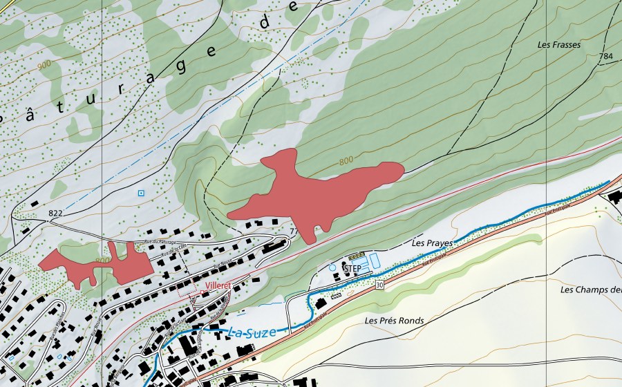 Landeskarte swisstopo mit dem Schutzperimeter von Les Frasses (Trockenwiese)