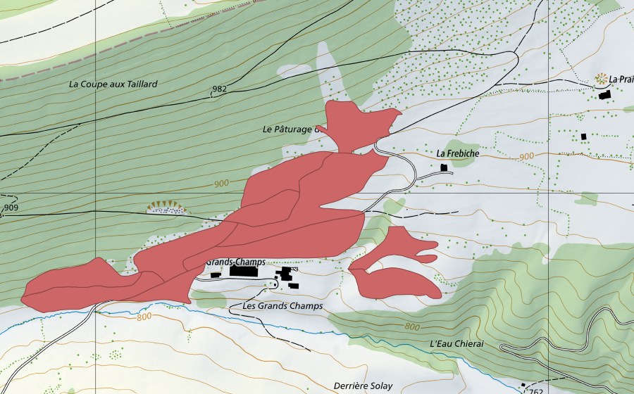 Carte nationale swisstopo avec le périmètre protégé de Les Grands Champs (Prairie sèche)