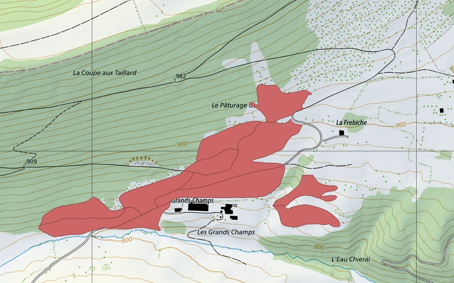 swisstopo national map showing the protected perimeter of Les Grands Champs (Dry meadow)