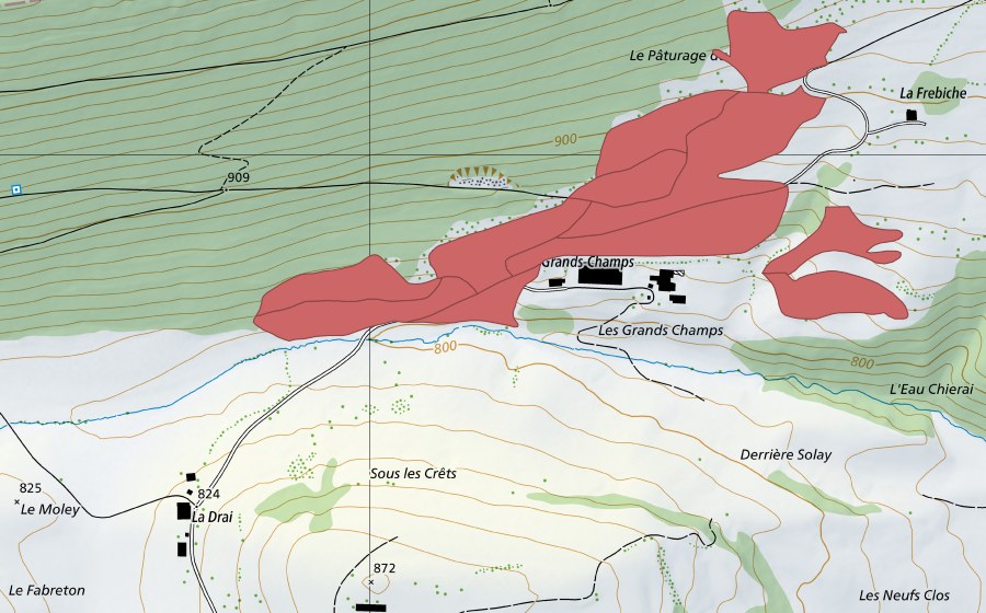 Carte nationale swisstopo avec le périmètre protégé de Les Grands Champs (Prairie sèche)
