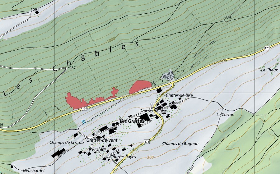 Carte nationale swisstopo avec le périmètre protégé de Les Grattes de Vent (Prairie sèche)