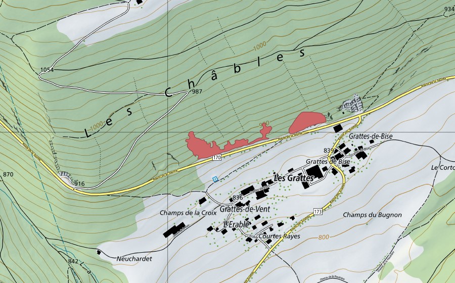 Landeskarte swisstopo mit dem Schutzperimeter von Les Grattes de Vent (Trockenwiese)