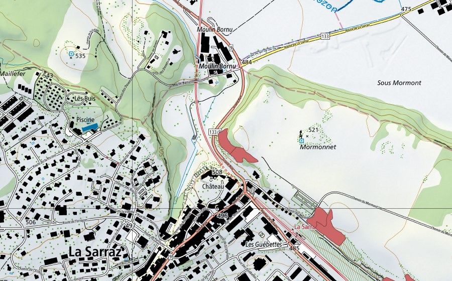 Carte nationale swisstopo avec le périmètre protégé de Les Guébettes (Prairie sèche)