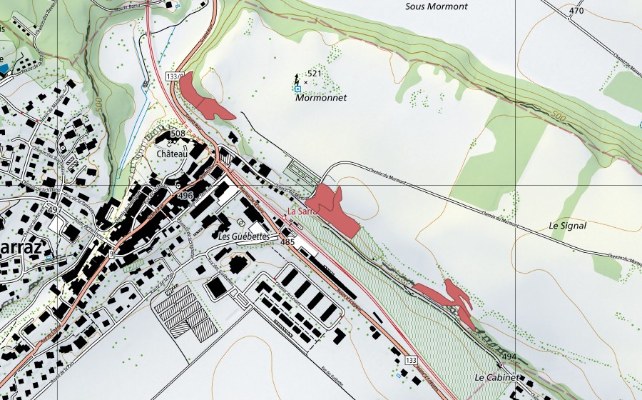 Carte nationale swisstopo avec le périmètre protégé de Les Guébettes (Prairie sèche)
