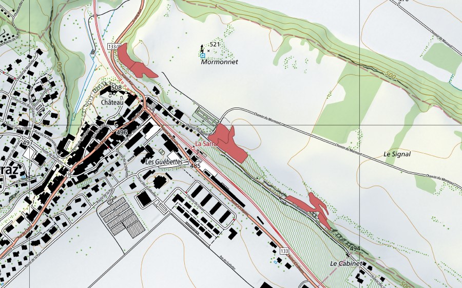 Carte nationale swisstopo avec le périmètre protégé de Les Guébettes (Prairie sèche)
