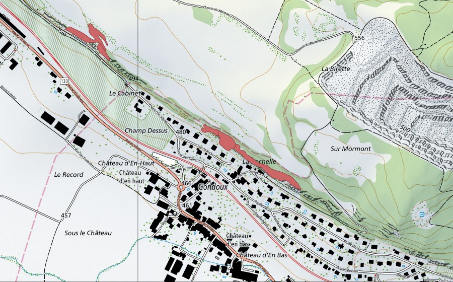 Carte nationale swisstopo avec le périmètre protégé de Les Guébettes (Prairie sèche)