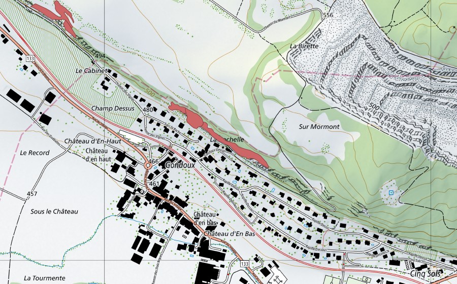 Carte nationale swisstopo avec le périmètre protégé de Les Guébettes (Prairie sèche)