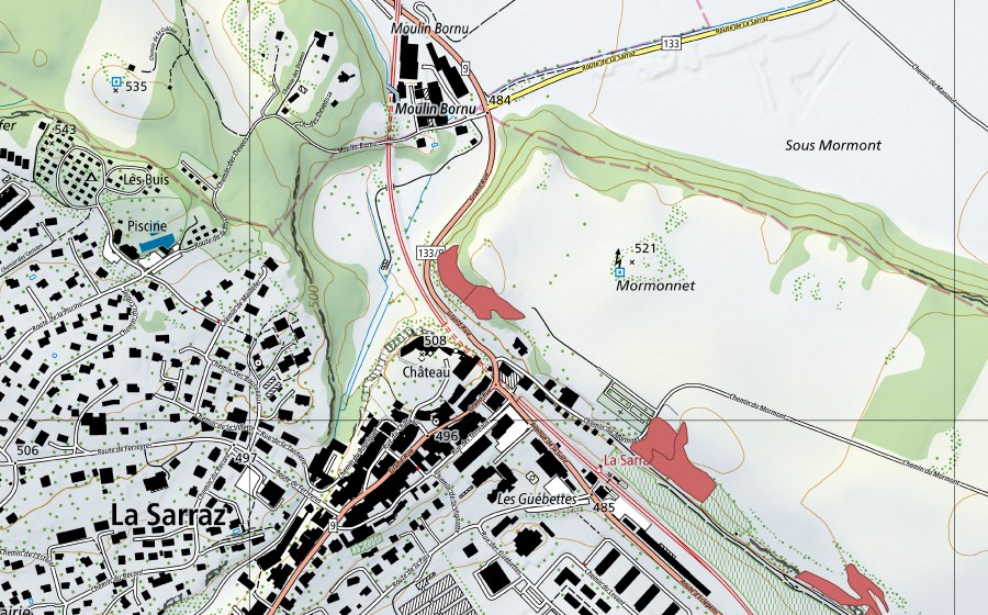 Carte nationale swisstopo avec le périmètre protégé de Les Guébettes (Prairie sèche)