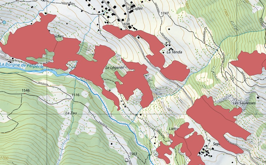 swisstopo national map showing the protected perimeter of Les Haudères (Dry meadow)