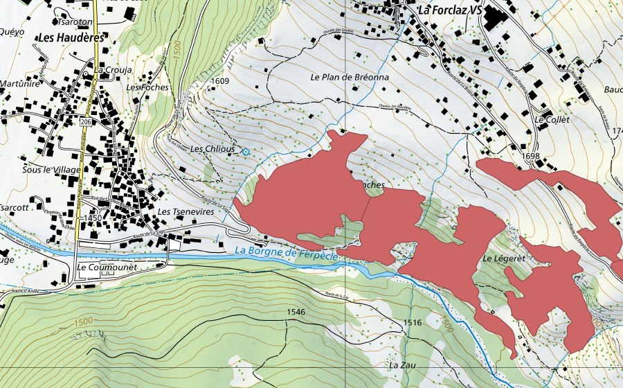 Carte nationale swisstopo avec le périmètre protégé de Les Haudères (Prairie sèche)